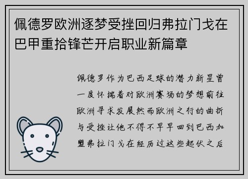 佩德罗欧洲逐梦受挫回归弗拉门戈在巴甲重拾锋芒开启职业新篇章