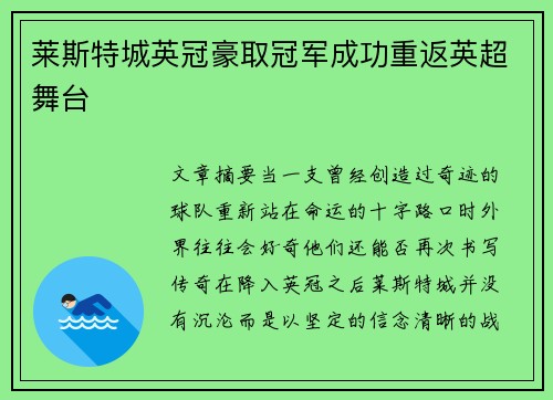 莱斯特城英冠豪取冠军成功重返英超舞台 莱斯特城英冠豪取冠军成功重返英超舞台